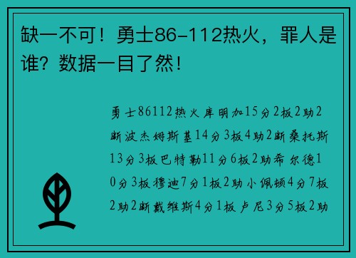 缺一不可！勇士86-112热火，罪人是谁？数据一目了然！