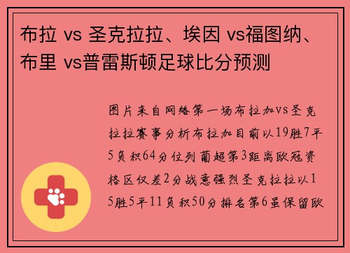 布拉 vs 圣克拉拉、埃因 vs福图纳、布里 vs普雷斯顿足球比分预测